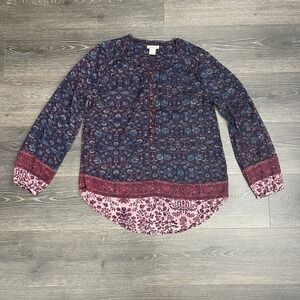 Lucky Brand Purple Multicolor Floral Boho Peasant  Sheer Long‎ Sleeve Top Medium